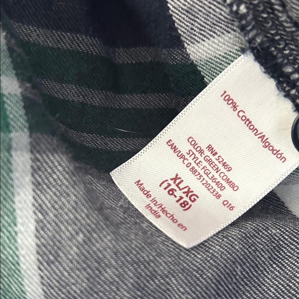 Kid's Size 16-18 Green and Navy Plaid Flannel button up Shirt - Picture 3 of 3